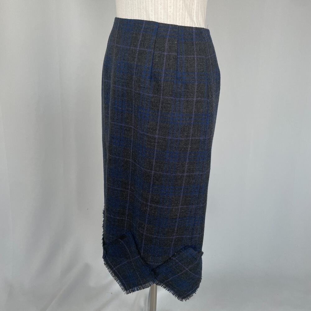 Vintage Midi Skirt Size 8 Grey Blue Plaid Tartan Wool Asymmetrical Academia 90s - Picture 6 of 14